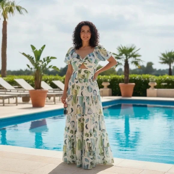 S.DEER Women's Tropical Leaf Print Maxi Dress Puff Sleeve Resort Summer NWT - Picture 1 of 4